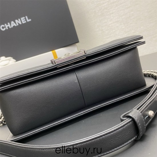 Chanel Le Boy Bag, Medium 25, Calfskin Leather, Black with Silver Hardware, 25cm.