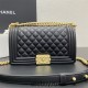 Chanel Le Boy Bag, Medium 25, Calfskin Leather, Black with Gold Hardware, 25cm.