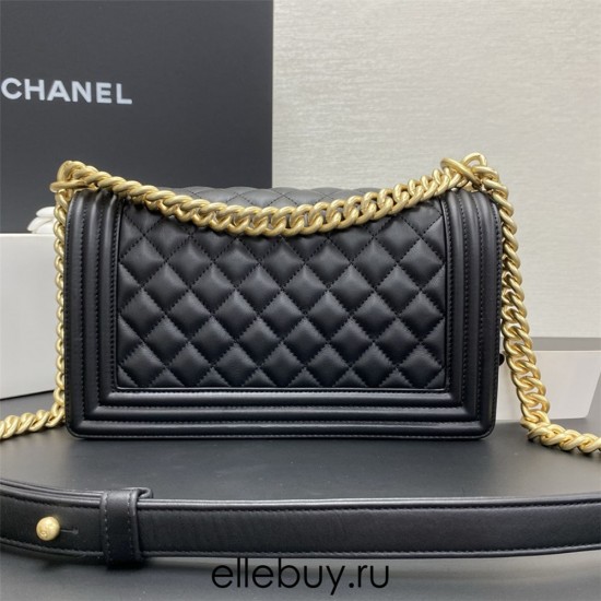 Chanel Le Boy Bag, Medium 25, Calfskin Leather, Black with Gold Hardware, 25cm.