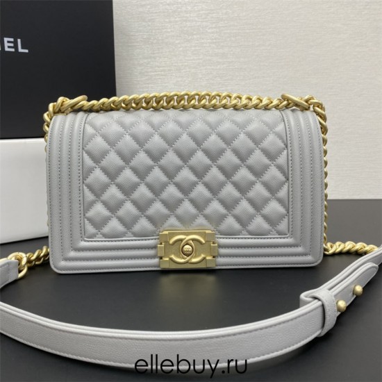 Chanel Le Boy Bag, Medium 25, Caviar Leather, Gray with Gold Hardware, 25cm.