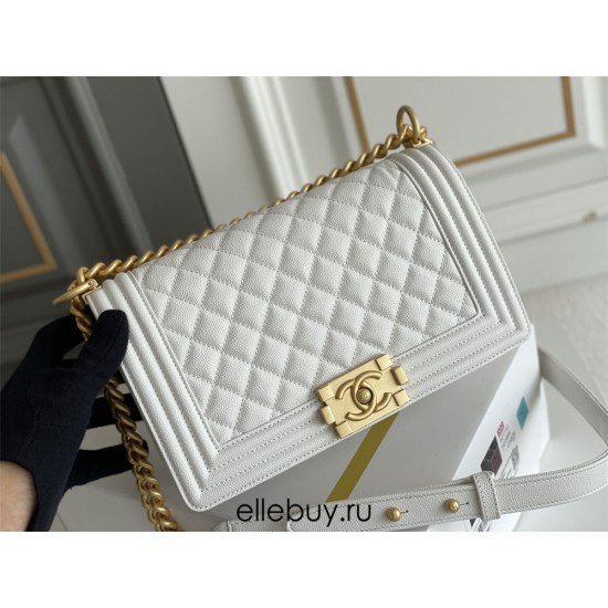 Chanel Le Boy Bag, Medium 25, Caviar Leather, White with Gold Hardware, 25cm.