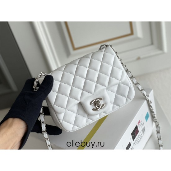 Chanel Classic Flap bag Mini 17 White Silver Hardware Lambskin Hass Factory leather 14x17x8cm