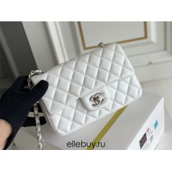 Chanel Classic Flap bag Mini 20 White Silver Hardware Lambskin Hass Factory leather 13x20x6cm