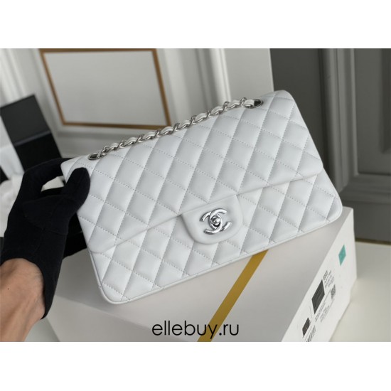 Chanel Classic Flap bag Medium 25 White Silver Hardware Lambskin Hass Factory leather 25x16x7cm