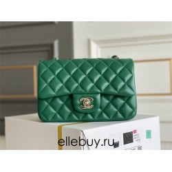 Chanel Classic Flap bag Mini 20 Green Champagne Gold Hardware Lambskin Hass Factory leather 13x20x6cm