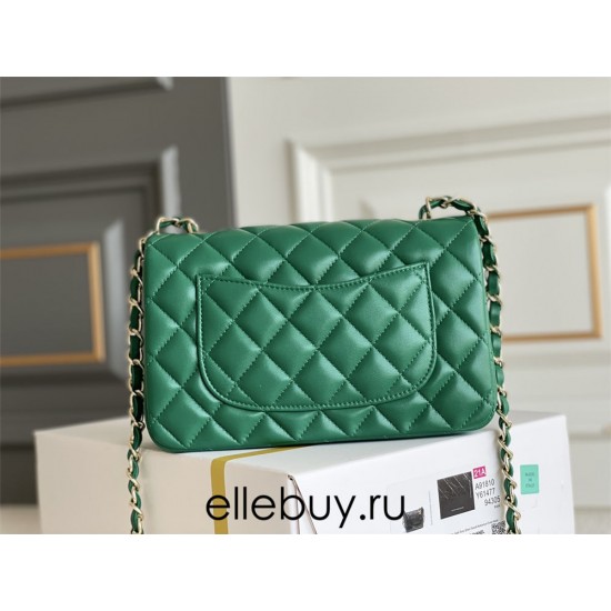 Chanel Classic Flap bag Mini 20 Green Champagne Gold Hardware Lambskin Hass Factory leather 13x20x6cm