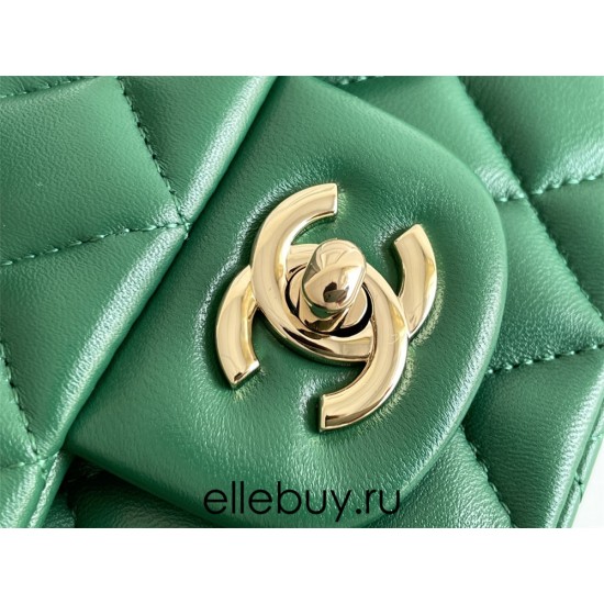 Chanel Classic Flap bag Mini 20 Green Champagne Gold Hardware Lambskin Hass Factory leather 13x20x6cm