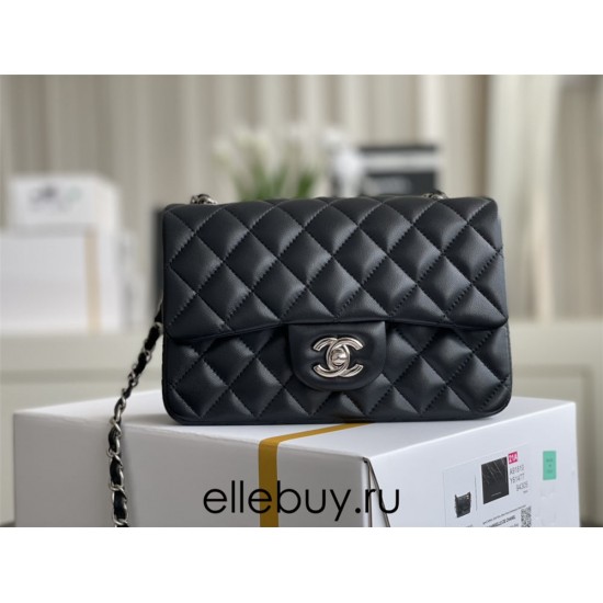 Chanel Classic Flap bag Mini 20 Black Silver Hardware Lambskin Hass Factory leather 13x20x6cm