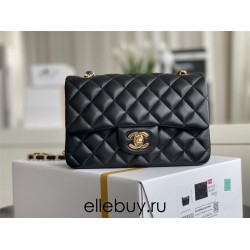 Chanel Classic Flap bag Mini 20 Black Gold Hardware Lambskin Hass Factory leather 13x20x6cm