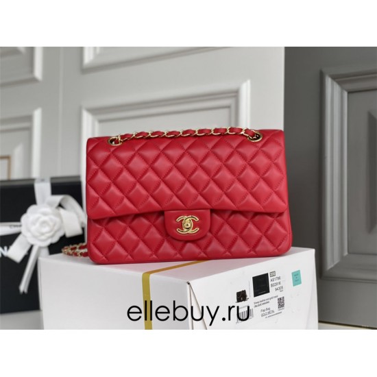 Chanel Classic Flap bag Medium 25 Red Gold Hardware Lambskin Hass Factory leather 25x16x7cm