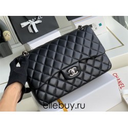 Chanel Classic Flap bag Jumbo 30 Black Silver Hardware Lambskin Hass Factory leather 20x30x10cm