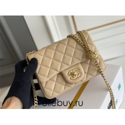 Chanel Classic Flap bag Mini 17 Apricot Gold Hardware Camellia Clasp Lambskin Hass Factory leather 14x17x8cm