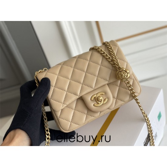 Chanel Classic Flap bag Mini 17 Apricot Gold Hardware Camellia Clasp Lambskin Hass Factory leather 14x17x8cm