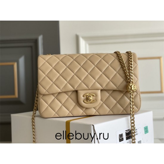 Chanel Classic Flap bag Small 23 Apricot Gold Hardware Camellia Clasp Lambskin Hass Factory leather 15x23x6cm