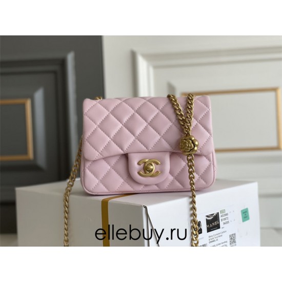 Chanel Classic Flap bag Mini 17 Pink Gold Hardware Camellia Clasp Lambskin Hass Factory leather 14x17x8cm