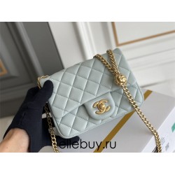 Chanel Classic Flap bag Mini 17 Light Blue Gold Hardware Camellia Clasp Lambskin Hass Factory leather 14x17x8cm