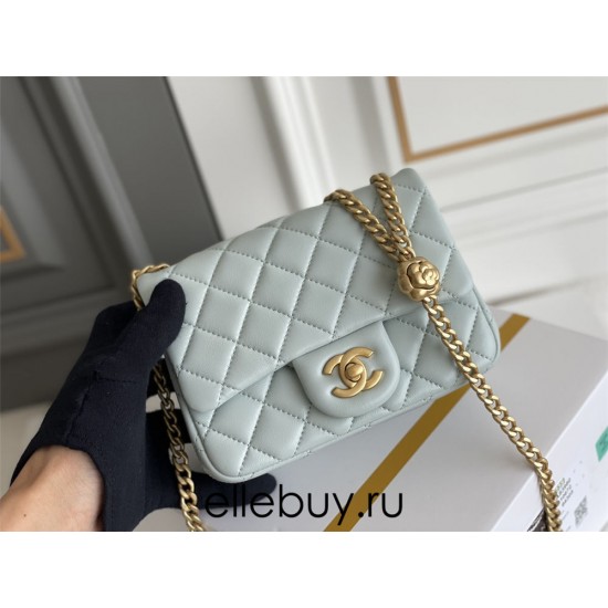 Chanel Classic Flap bag Mini 17 Light Blue Gold Hardware Camellia Clasp Lambskin Hass Factory leather 14x17x8cm