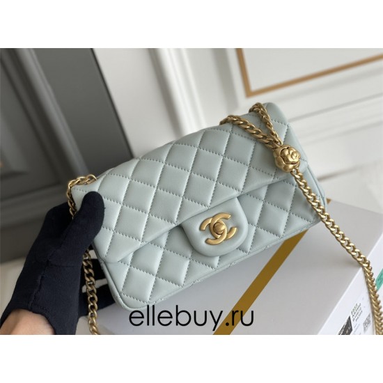 Chanel Classic Flap bag Mini 20 Light Blue Gold Hardware Camellia Clasp Lambskin Hass Factory leather 13x20x6cm