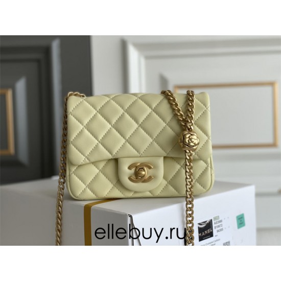 Chanel Classic Flap bag Mini 17 Light Yellow Gold Hardware Camellia Clasp Lambskin Hass Factory leather 14x17x8cm