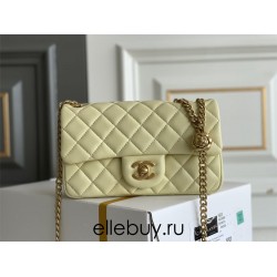 Chanel Classic Flap bag Mini 20 Light Yellow Gold Hardware Camellia Clasp Lambskin Hass Factory leather 13x20x6cm