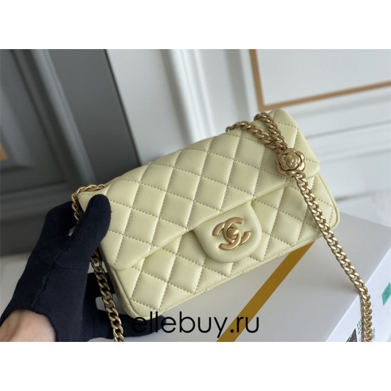 Chanel Classic Flap bag Mini 20 Light Yellow Gold Hardware Camellia Clasp Lambskin Hass Factory leather 13x20x6cm