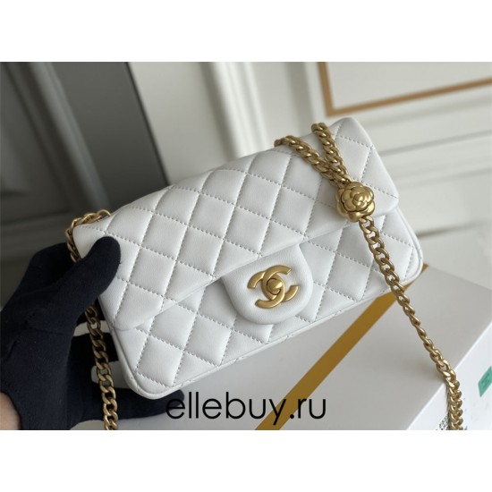 Chanel Classic Flap bag Mini 20 White Gold Hardware Camellia Clasp Lambskin Hass Factory leather 13x20x6cm