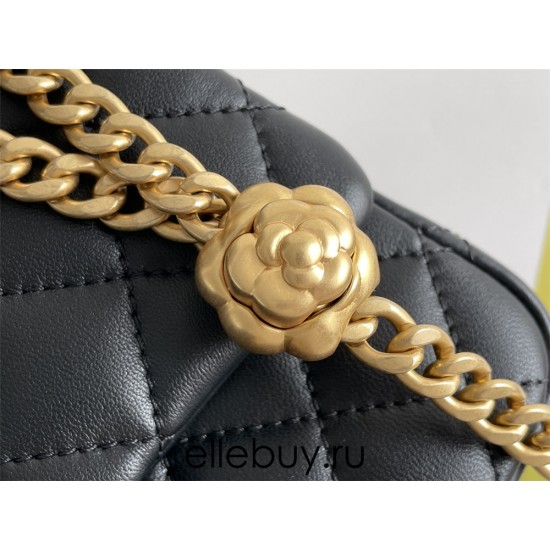 Chanel Classic Flap bag Mini 17 Black Gold Hardware Camellia Clasp Lambskin Hass Factory leather 14x17x8cm