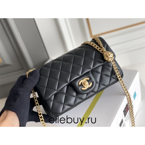 Chanel Classic Flap bag Mini 20 Black Gold Hardware Camellia Clasp Lambskin Hass Factory leather 13x20x6cm