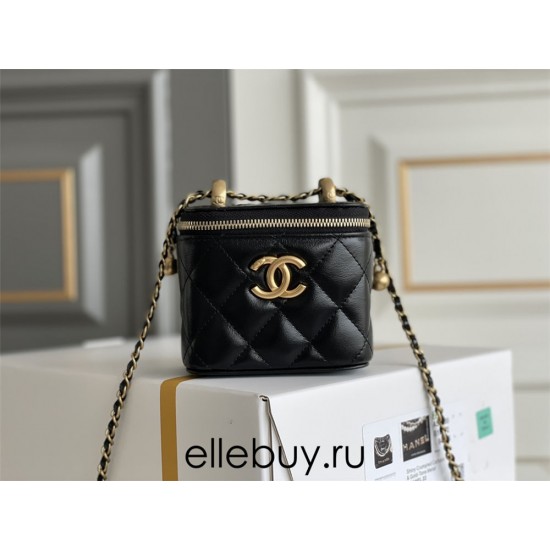 Chanel Small Gold Small Ball Double Chain Makeup Bag Vanity Box Black Gold Hardware Lambskin Hass Factory leather 9x11x7cm