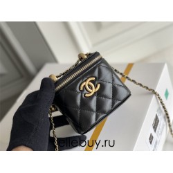 Chanel Small Gold Small Ball Double Chain Makeup Bag Vanity Box Black Gold Hardware Lambskin Hass Factory leather 9x11x7cm