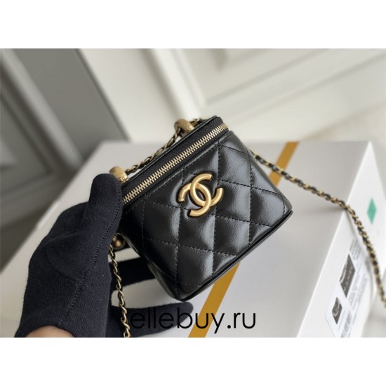 Chanel Small Gold Small Ball Double Chain Makeup Bag Vanity Box Black Gold Hardware Lambskin Hass Factory leather 9x11x7cm