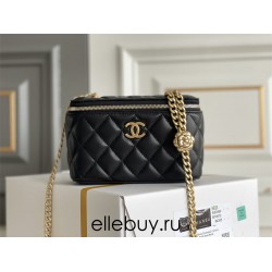 Chanel Long Box Makeup Bag Vanity Box Black Gold Hardware Lambskin Hass Factory leather 10x17x8cm