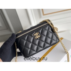 Chanel Long Box Makeup Bag Vanity Box Black Gold Hardware Lambskin Hass Factory leather 10x17x8cm