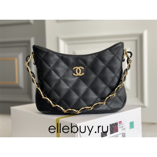 Chanel 22K Hobo Black Gold Hardware Medium 24 Lambskin Hass Factory leather 18x24x6cm