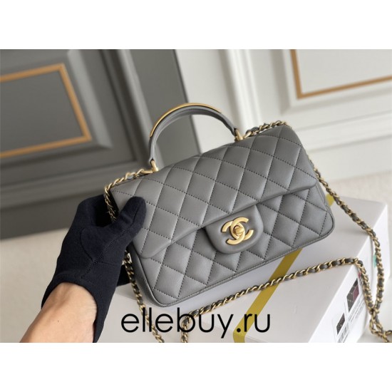 Chanel 22B Classic Flap bag Mini 20 with Handle Gray Gold Hardware Lambskin Hass Factory leather 12x20x6cm