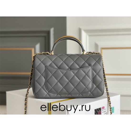 Chanel 22B Classic Flap bag Mini 20 with Handle Gray Gold Hardware Lambskin Hass Factory leather 12x20x6cm