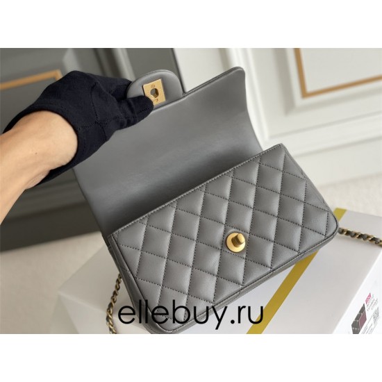 Chanel 22B Classic Flap bag Mini 20 with Handle Gray Gold Hardware Lambskin Hass Factory leather 12x20x6cm