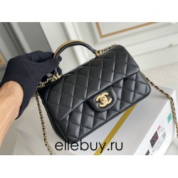 Chanel 22B Classic Flap bag Mini 20 with Handle Black Gold Hardware Lambskin Hass Factory leather 12x20x6cm