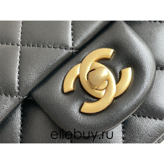 Chanel 22B Classic Flap bag Mini 20 with Handle Black Gold Hardware Lambskin Hass Factory leather 12x20x6cm