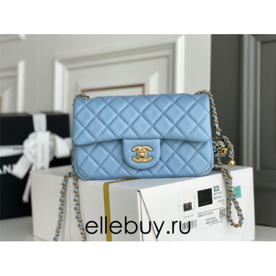 Chanel 22S Classic Flap bag Woven Gold Ball Blue Gold Hardware Mini 20 Lambskin Hass Factory leather 13x20x7cm