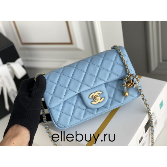 Chanel 22S Classic Flap bag Woven Gold Ball Blue Gold Hardware Mini 20 Lambskin Hass Factory leather 13x20x7cm