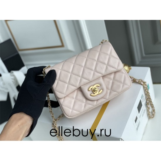 Chanel 22C Classic Flap bag Mini 18 Gold Ball Pink Gold Hardware Lambskin Hass Factory leather 13x18x7cm