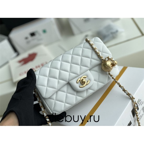 Chanel 22C Classic Flap bag Mini 20 Gold Ball White Gold Hardware Lambskin Hass Factory leather 13x20x7cm