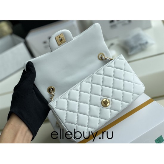 Chanel 22C Classic Flap bag Mini 20 Gold Ball White Gold Hardware Lambskin Hass Factory leather 13x20x7cm