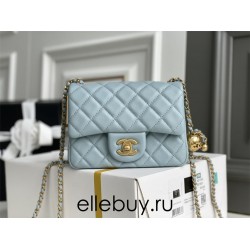 Chanel 22C Classic Flap bag Mini 18 Gold Ball Light Blue Gold Hardware Lambskin Hass Factory leather 13x18x7cm