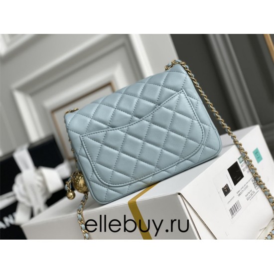 Chanel 22C Classic Flap bag Mini 18 Gold Ball Light Blue Gold Hardware Lambskin Hass Factory leather 13x18x7cm