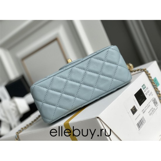 Chanel 22C Classic Flap bag Mini 18 Gold Ball Light Blue Gold Hardware Lambskin Hass Factory leather 13x18x7cm