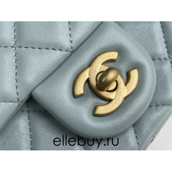 Chanel 22C Classic Flap bag Mini 18 Gold Ball Light Blue Gold Hardware Lambskin Hass Factory leather 13x18x7cm