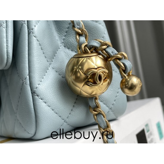 Chanel 22C Classic Flap bag Mini 18 Gold Ball Light Blue Gold Hardware Lambskin Hass Factory leather 13x18x7cm