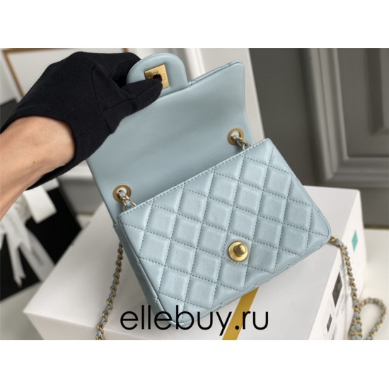 Chanel 22C Classic Flap bag Mini 18 Gold Ball Light Blue Gold Hardware Lambskin Hass Factory leather 13x18x7cm